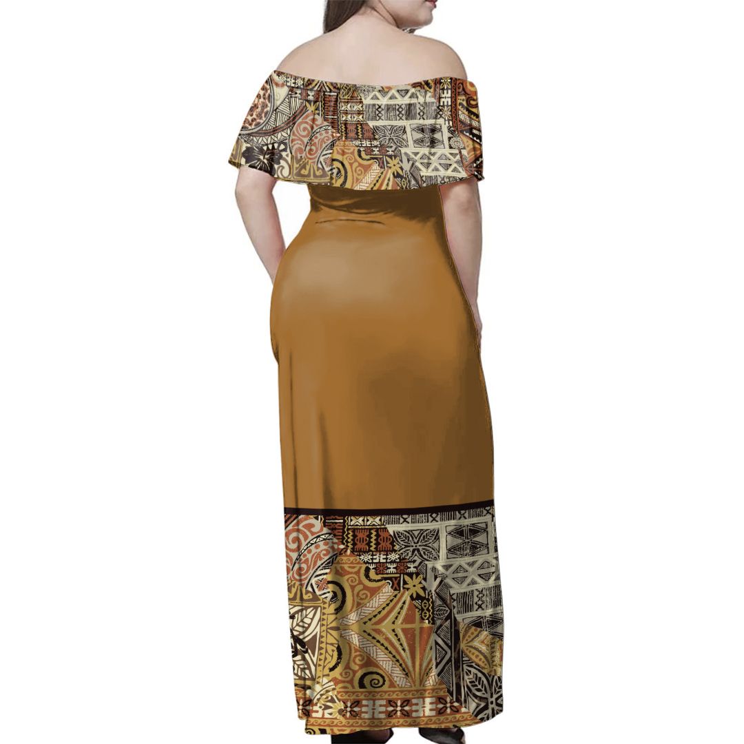 NE Fiji Bula Dress - Tapa Shred Off Shoulder Long Dress - Polynesian Pride