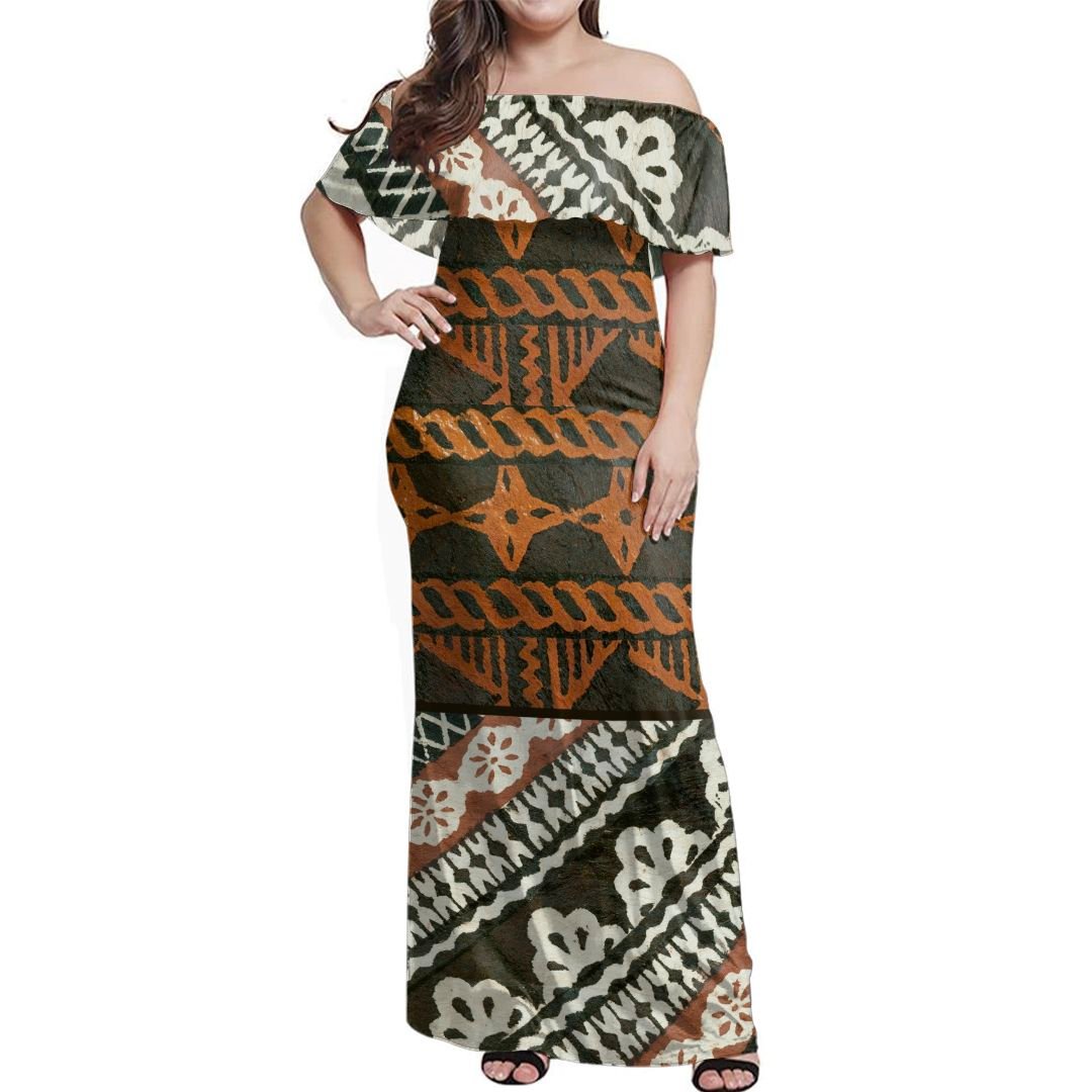 NE Fiji Bula Dress - Masi Tapa Off Shoulder Long Dress Long Dress Brown - Polynesian Pride
