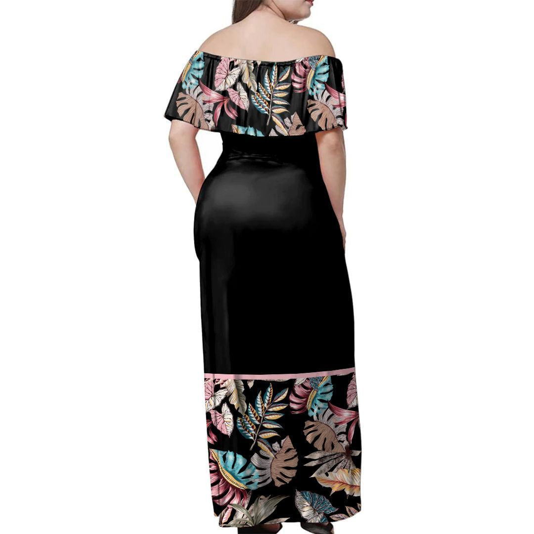 NE Fiji Bula Dress - Tropical Leaves Modern Style Off Shoulder Long Dress - Polynesian Pride