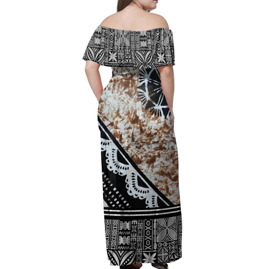 NE Fiji Bula Dress - Masi Brown Off Shoulder Long Dress - Polynesian Pride