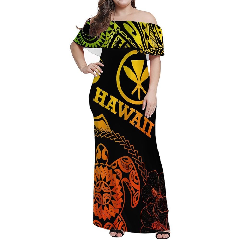 Polynesian Pride Dress - Hawaii Turtle Kanaka Reggae Off Shoulder Long Dress Long Dress Black - Polynesian Pride