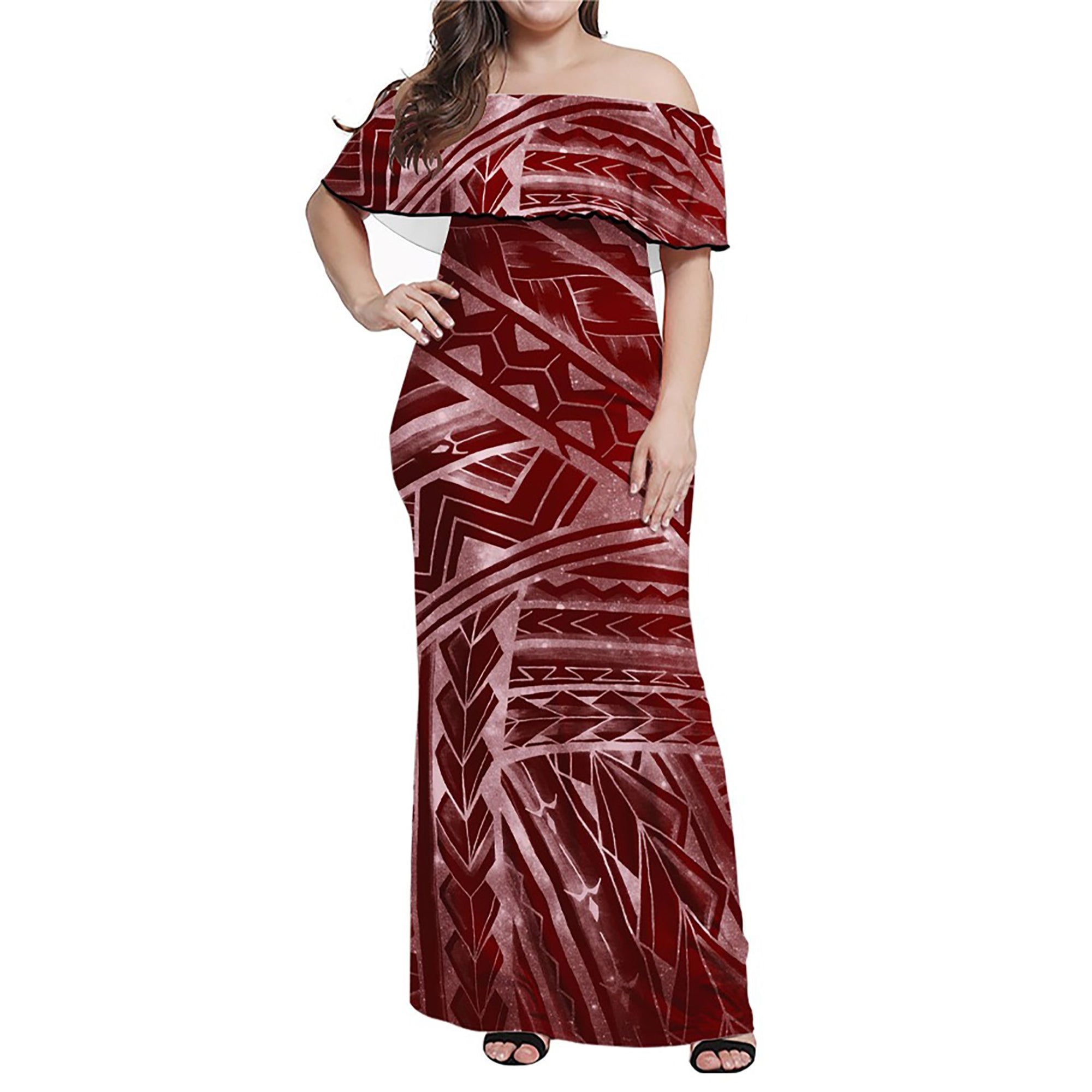 Polynesian Pride Dress - Polynesian Spearhead Red Galaxy Off Shoulder Long Dress Long Dress Red - Polynesian Pride
