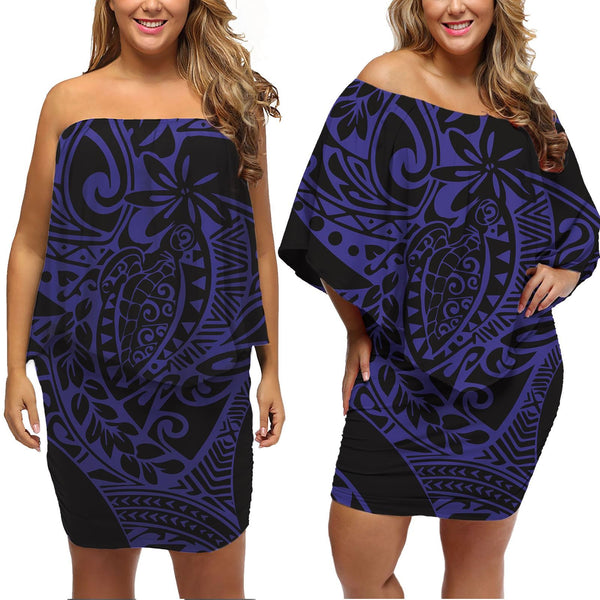 Polynesian Pride Off The Shoulder Long Sleeve Dress Turtle Hibiscus Luxury Style - Beige LT7 main image 1