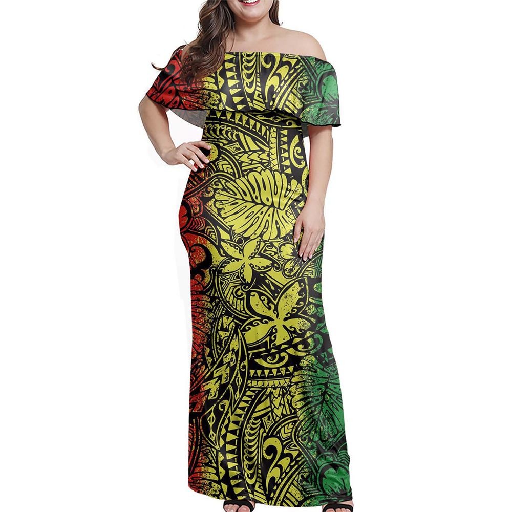 Polynesian Pride Dress - Polynesian Flower Grunge Reggae Off Shoulder Long Dress Long Dress Black - Polynesian Pride