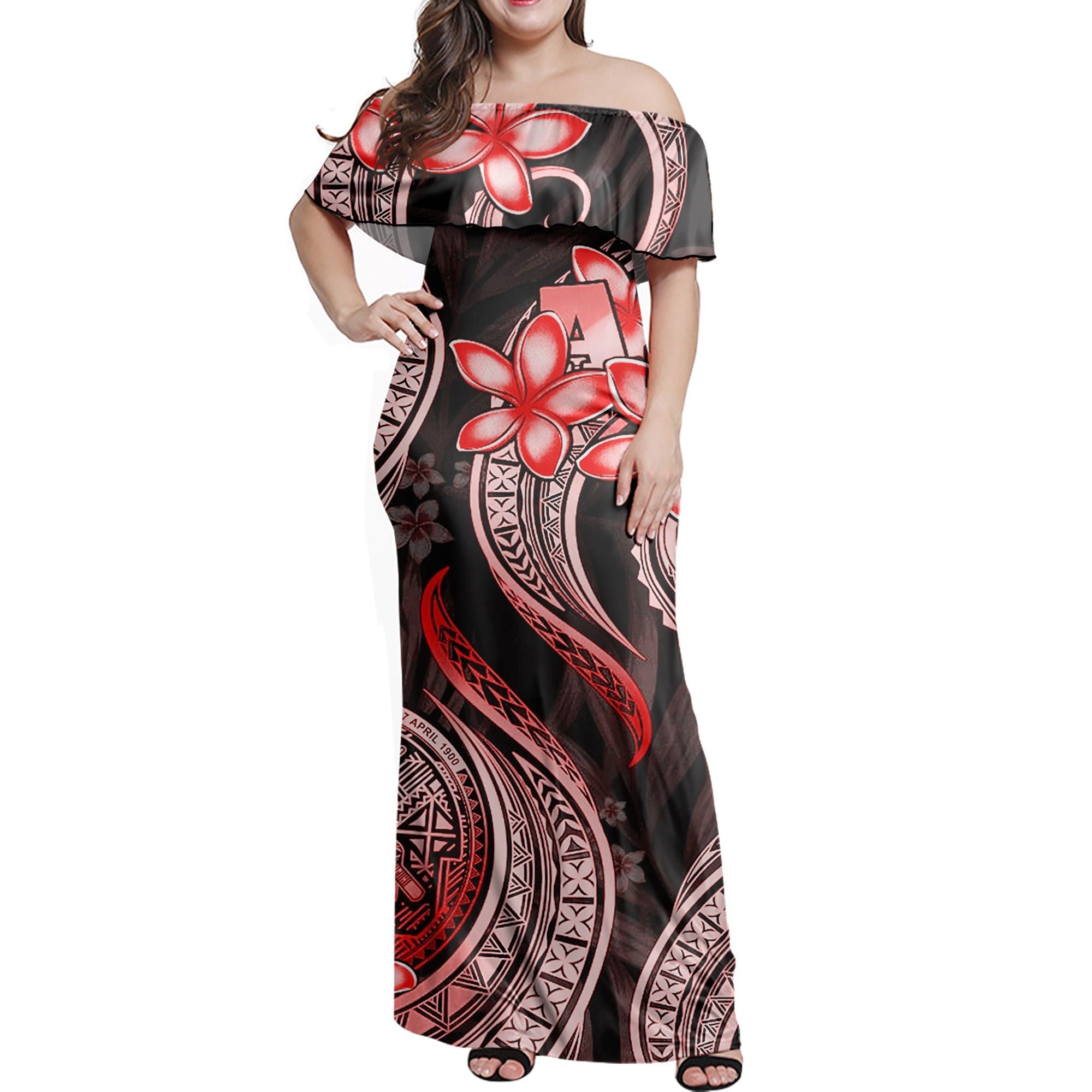 Polynesian Pride Dress - American Samoa 684 Siapo Coat Of Arms Red Off Shoulder Long Dress | Polynesian pride