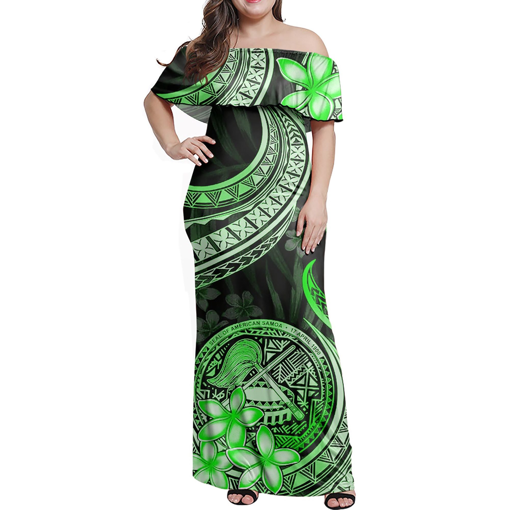 Polynesian Pride Dress - American Samoa Siapo Coat Of Arms Light Green Off Shoulder Long Dress Long Dress Green - Polynesian Pride