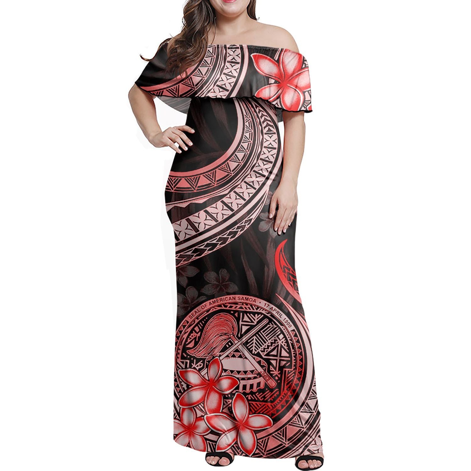Polynesian Pride Dress - American Samoa Siapo Coat Of Arms Red Off Shoulder Long Dress Long Dress Red - Polynesian Pride