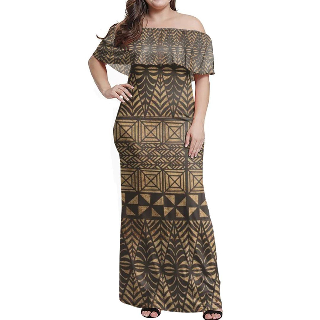 Polynesian Pride Dress - Tongan Ngatu Simple Off Shoulder Long Dress Long Dress Brown - Polynesian Pride