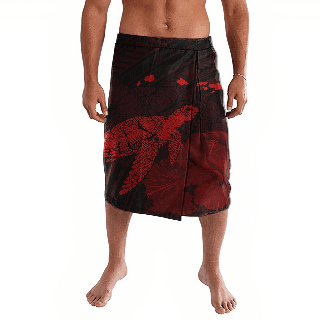 Polynesian Pride Clothing Hawaii Polynesian Hibiscus Turtle Map Ie Faitaga Red Lavalava Black - Polynesian Pride