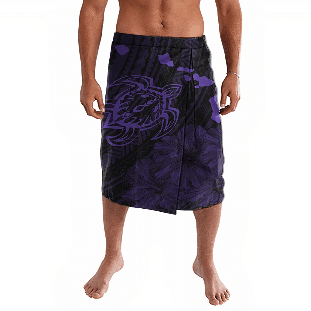 Polynesian Pride Clothing Hawaiian Hibiscus Sea Turtle Swim Polynesian Ie Faitaga Purple Lavalava Black - Polynesian Pride