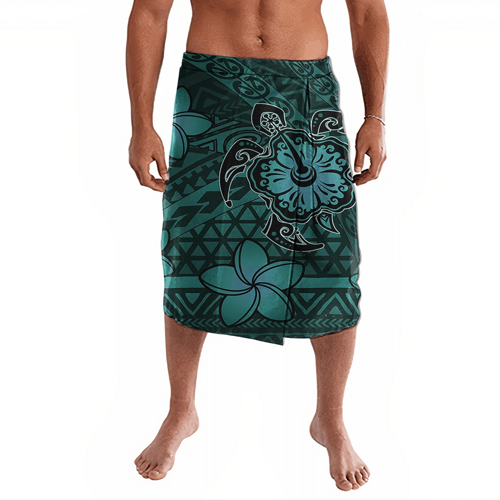 Polynesian Pride Clothing Hawaii Mix Polynesian Turtle Plumeria Ie Faitaga Nick Style Turquoise Lavalava Black - Polynesian Pride