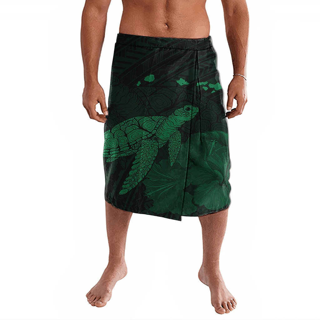 Polynesian Pride Clothing Hawaii Polynesian Hibiscus Turtle Map Ie Faitaga Green Lavalava Black - Polynesian Pride