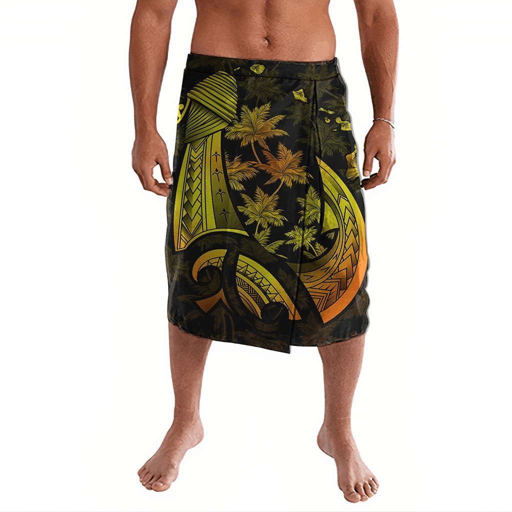 Polynesian Pride Clothing Hawaiian Map Palm Trees Fish Hook Polynesian Ie Faitaga Colorful Yellow Lavalava Black - Polynesian Pride LLC