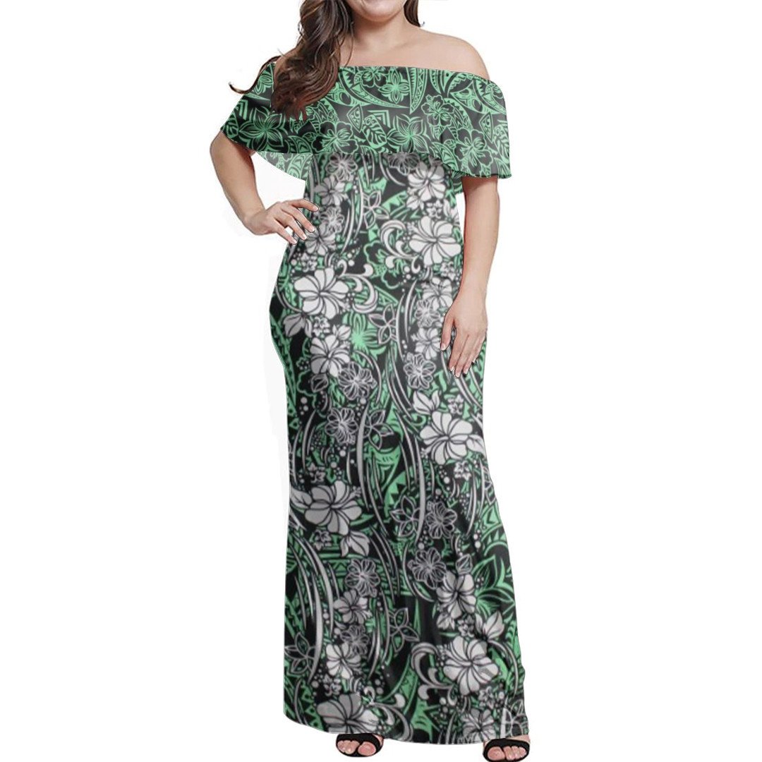 Polynesian Pride Dress - Samoan Siapo Elei Green Off Shoulder Long Dress Long Dress Green - Polynesian Pride