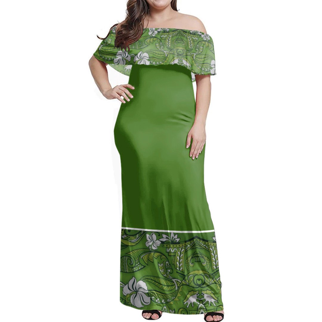Polynesian Pride Dress - Samoa Hibiscus Green Elei Design Off Shoulder Long Dress Long Dress Green - Polynesian Pride