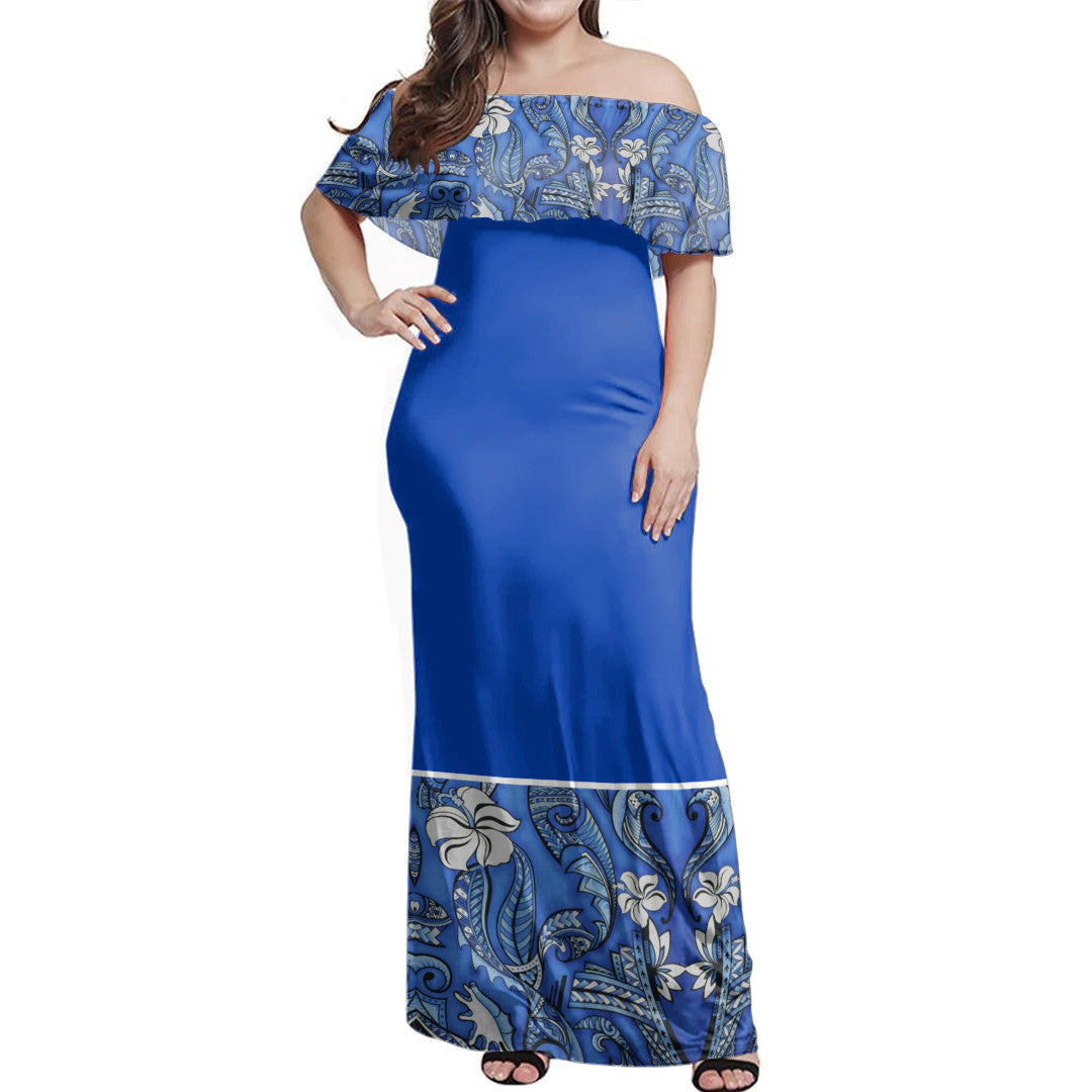 Polynesian Pride Dress - Samoa Hibiscus Blue Elei Design Off Shoulder Long Dress Long Dress Blue - Polynesian Pride