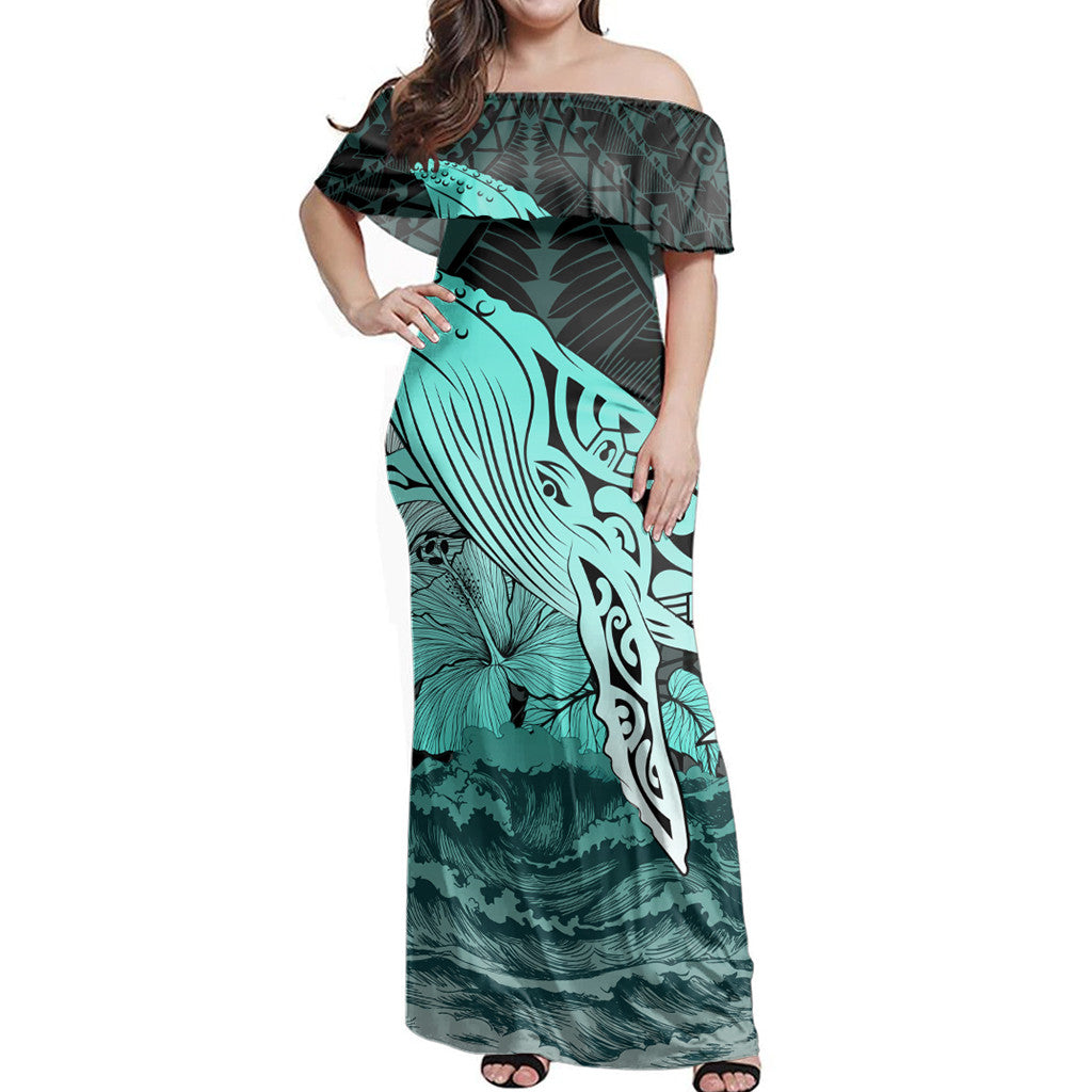Polynesian Pride Dress - Hawaii Hibiscus Wale Polynesian Off Shoulder Long Dress Long Dress Blue - Polynesian Pride