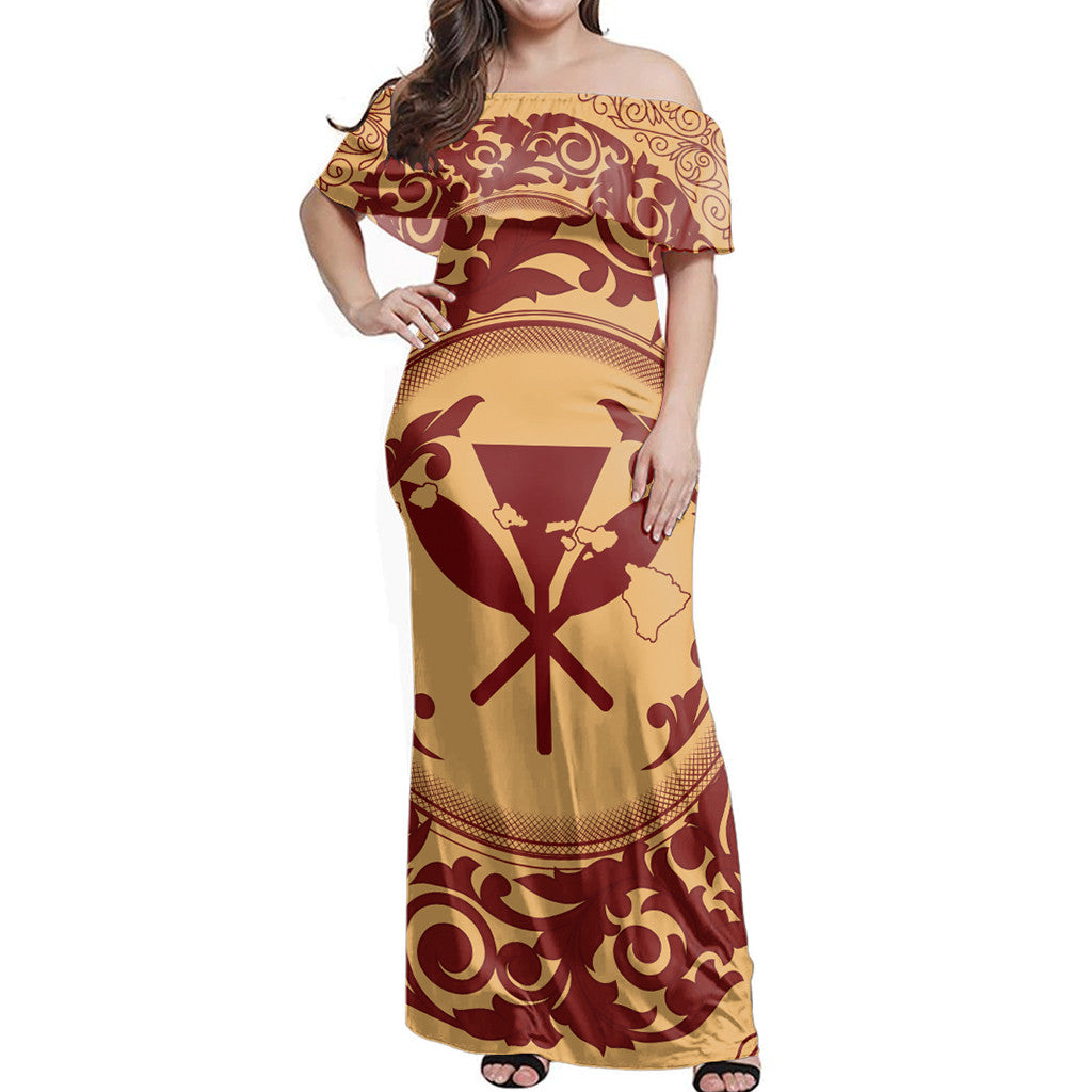 Polynesian Pride Dress - Hawaii Map Classic Floral Red Off Shoulder Long Dress Long Dress Brown - Polynesian Pride
