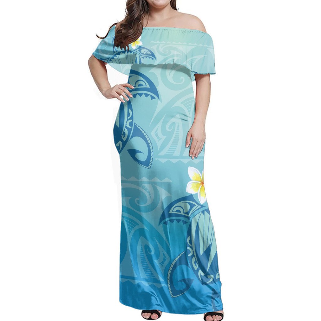 Polynesian Pride Dress - Hawaii Plumeria Deep Blue Turtle Off Shoulder Long Dress Long Dress Purple - Polynesian Pride