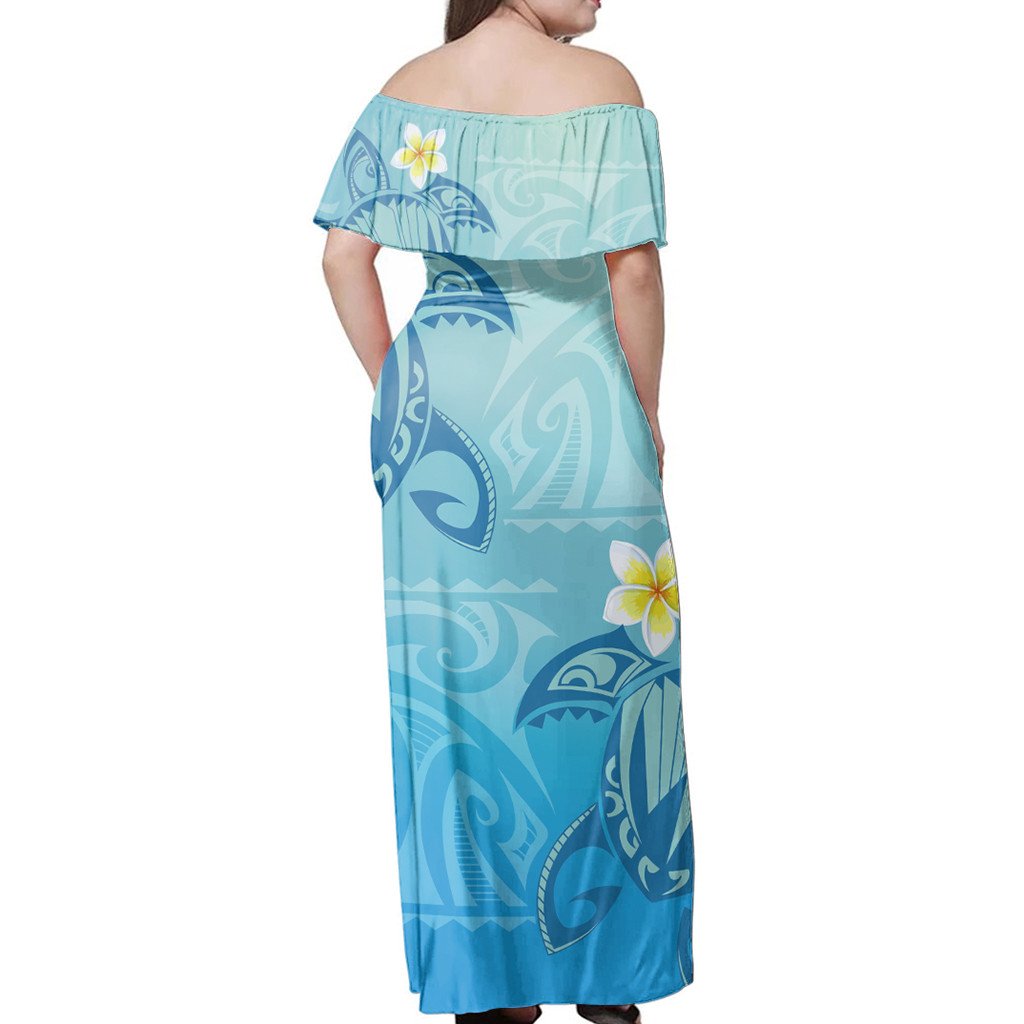Polynesian Pride Dress - Hawaii Plumeria Deep Blue Turtle Off Shoulder Long Dress - Polynesian Pride