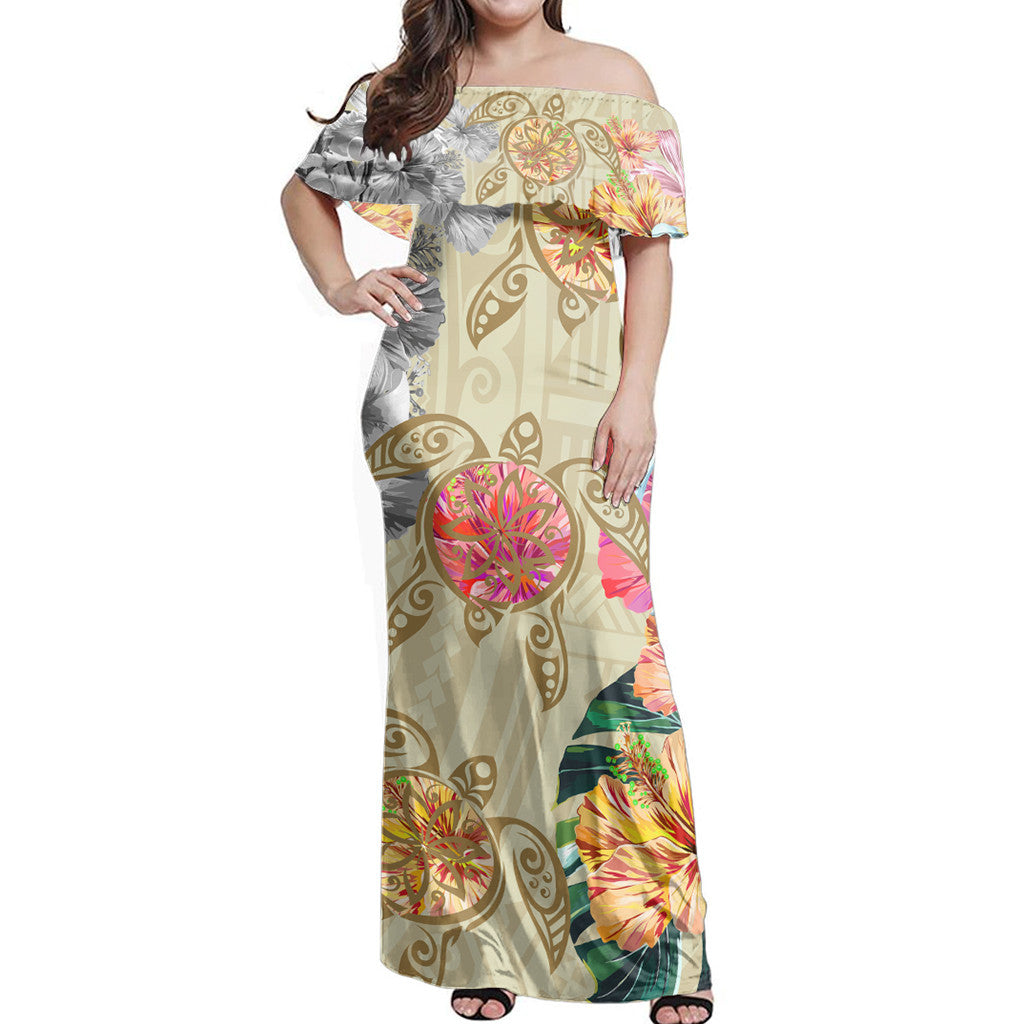 Polynesian Pride Dress - Hawaii Polynesian Flowers Swimming Turtles Off Shoulder Long Dress Long Dress Brown - Polynesian Pride