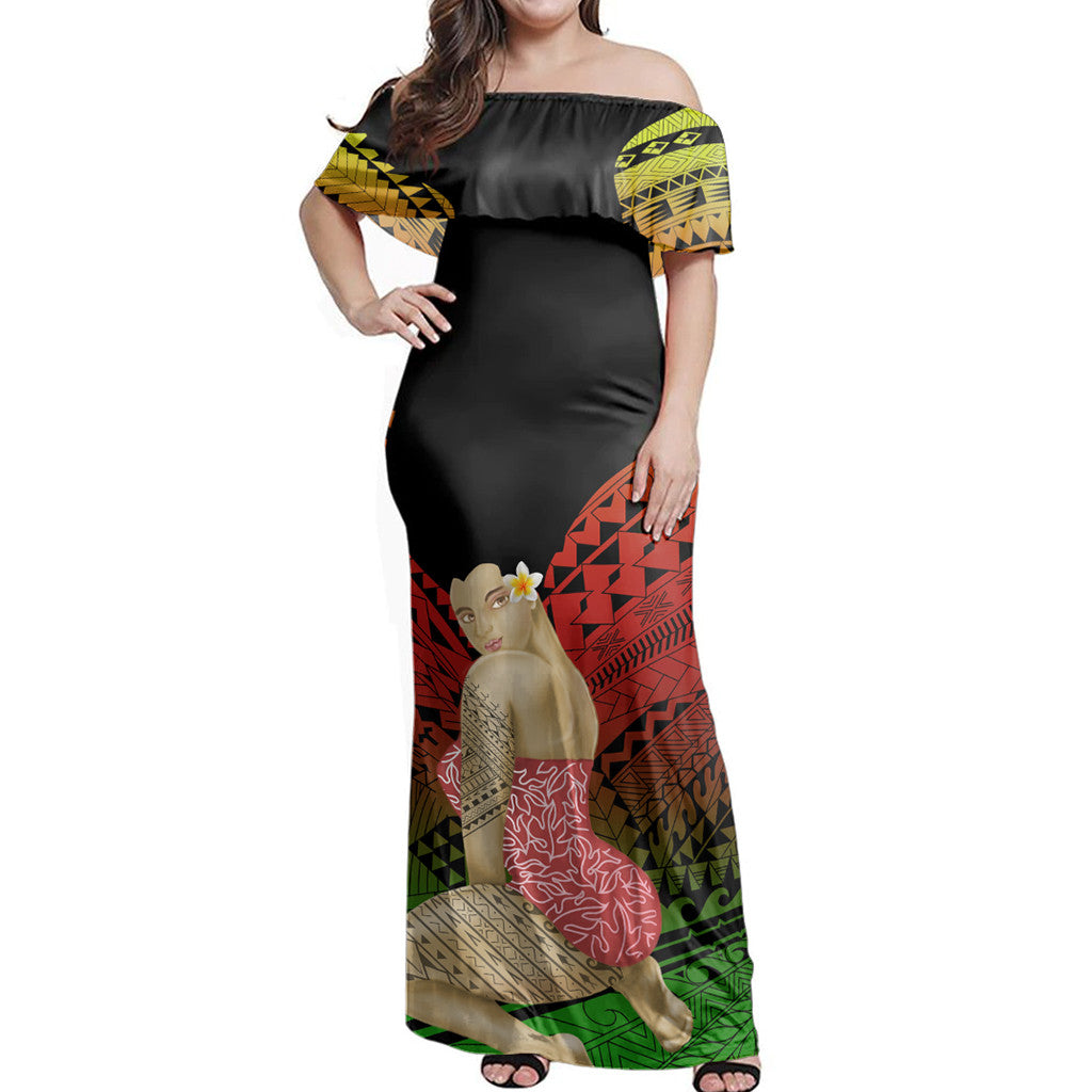 Polynesian Pride Dress - Hawaii Polynesian Hula Girl Wearing Plumeria Reggae Off Shoulder Long Dress Long Dress Black - Polynesian Pride