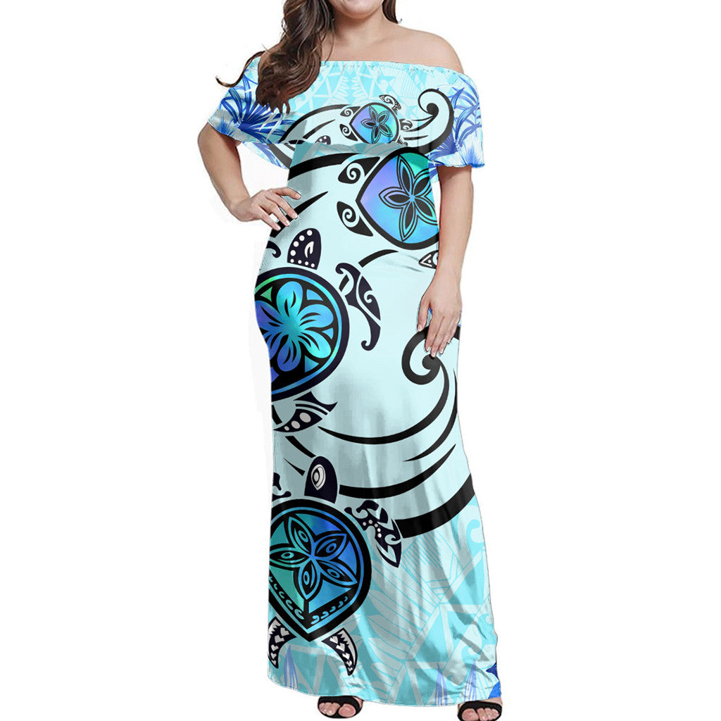 Polynesian Pride Dress - Hawaii Polynesian Plumeria Hibiscus Turtle Jack Style Blue Off Shoulder Long Dress Long Dress Blue - Polynesian Pride