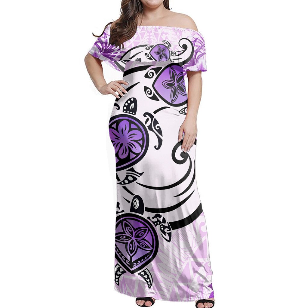 Polynesian Pride Dress - Hawaii Polynesian Plumeria Hibiscus Turtle Jack Style Pink Off Shoulder Long Dress Long Dress Purple - Polynesian Pride
