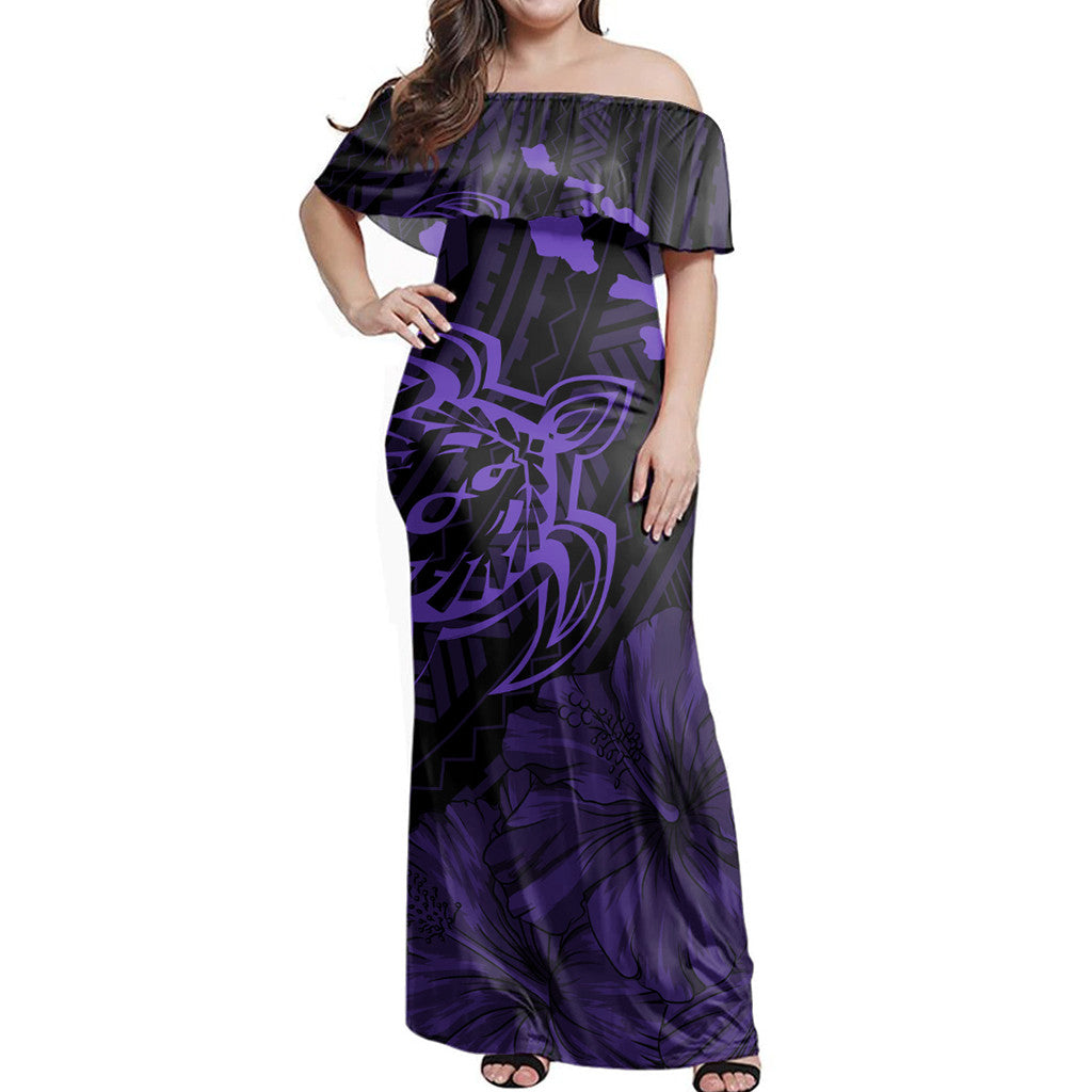 Polynesian Pride Dress - Hawaiian Hibiscus Sea Turtle Swim Polynesian Purple Off Shoulder Long Dress Women Purple - Polynesian Pride