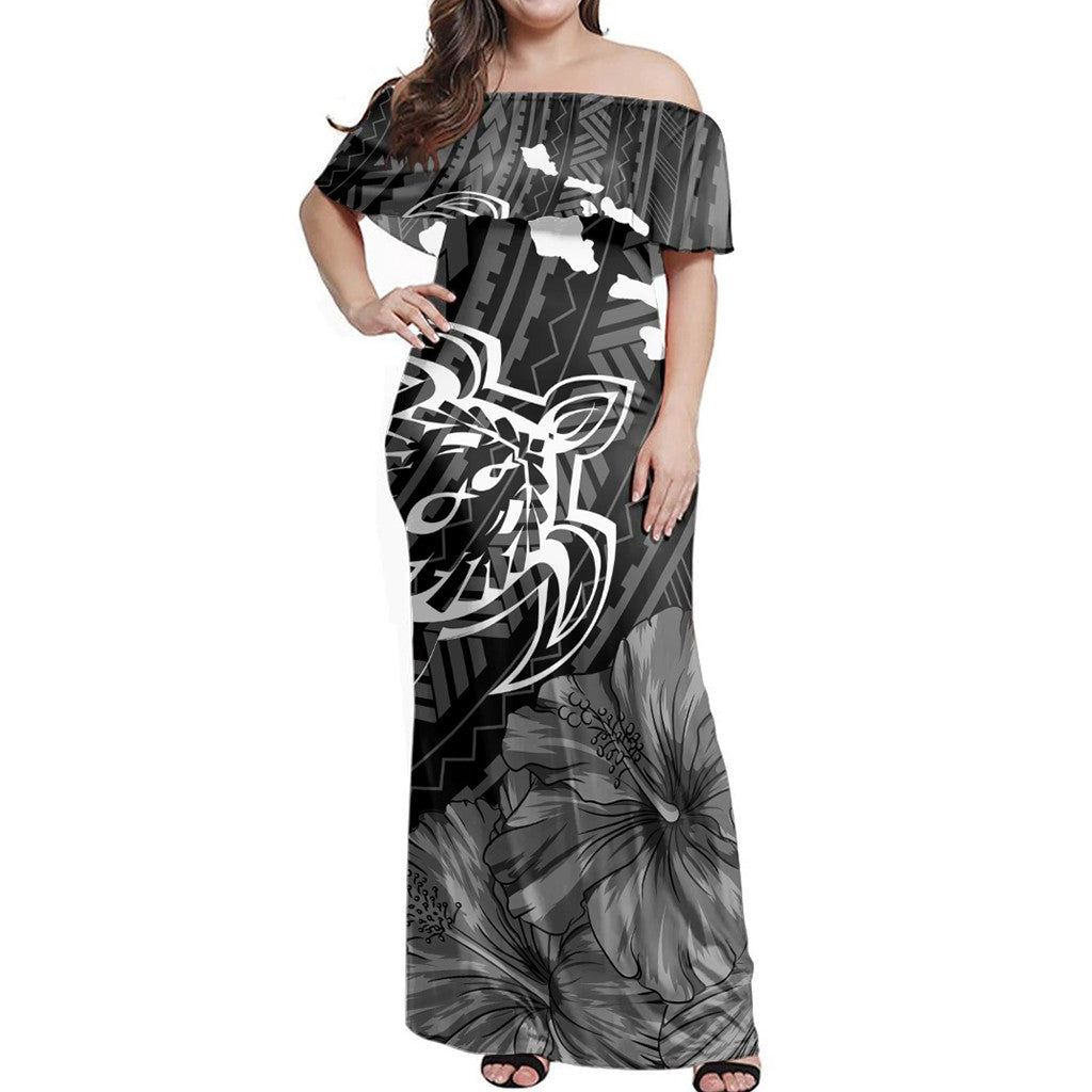 Polynesian Pride Dress - Hawaiian Hibiscus Sea Turtle Swim Polynesian Off Shoulder Long Dress Women Black - Polynesian Pride