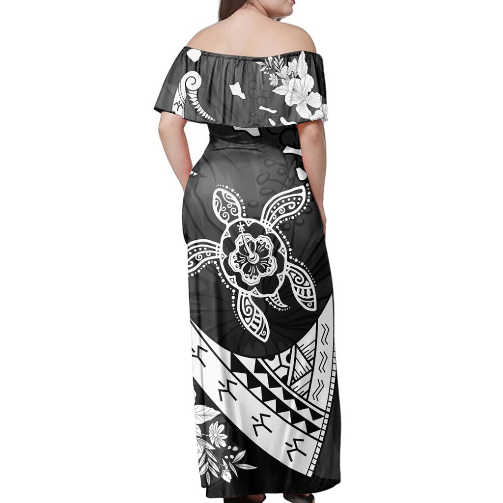 Polynesian Pride Dress - Hawaiian Map Hibiscus Turtle Fish Hook Polynesian Off Shoulder Long Dress - Polynesian Pride