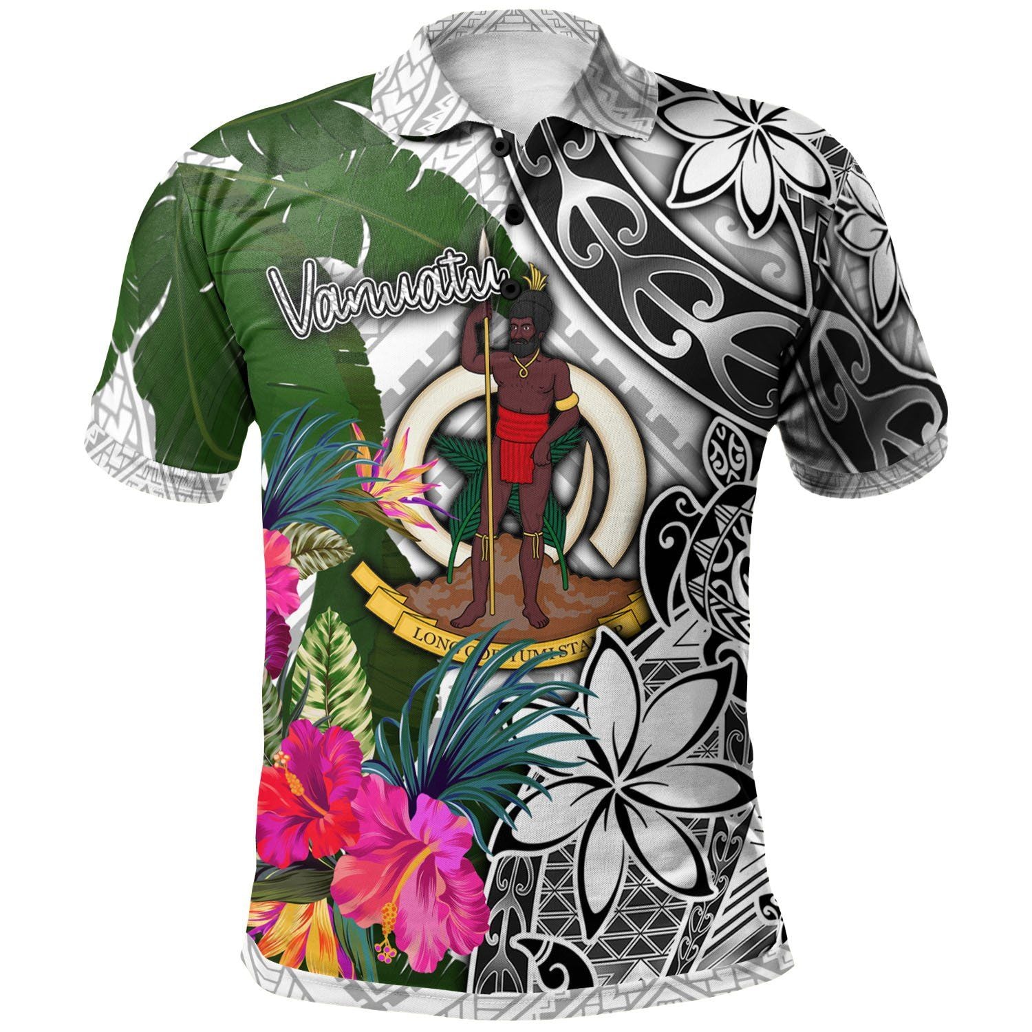 Polynesian Pride Apparel Vanuatu Polo Shirt White Turtle Plumeria Banana Leaf Unisex Black - Polynesian Pride