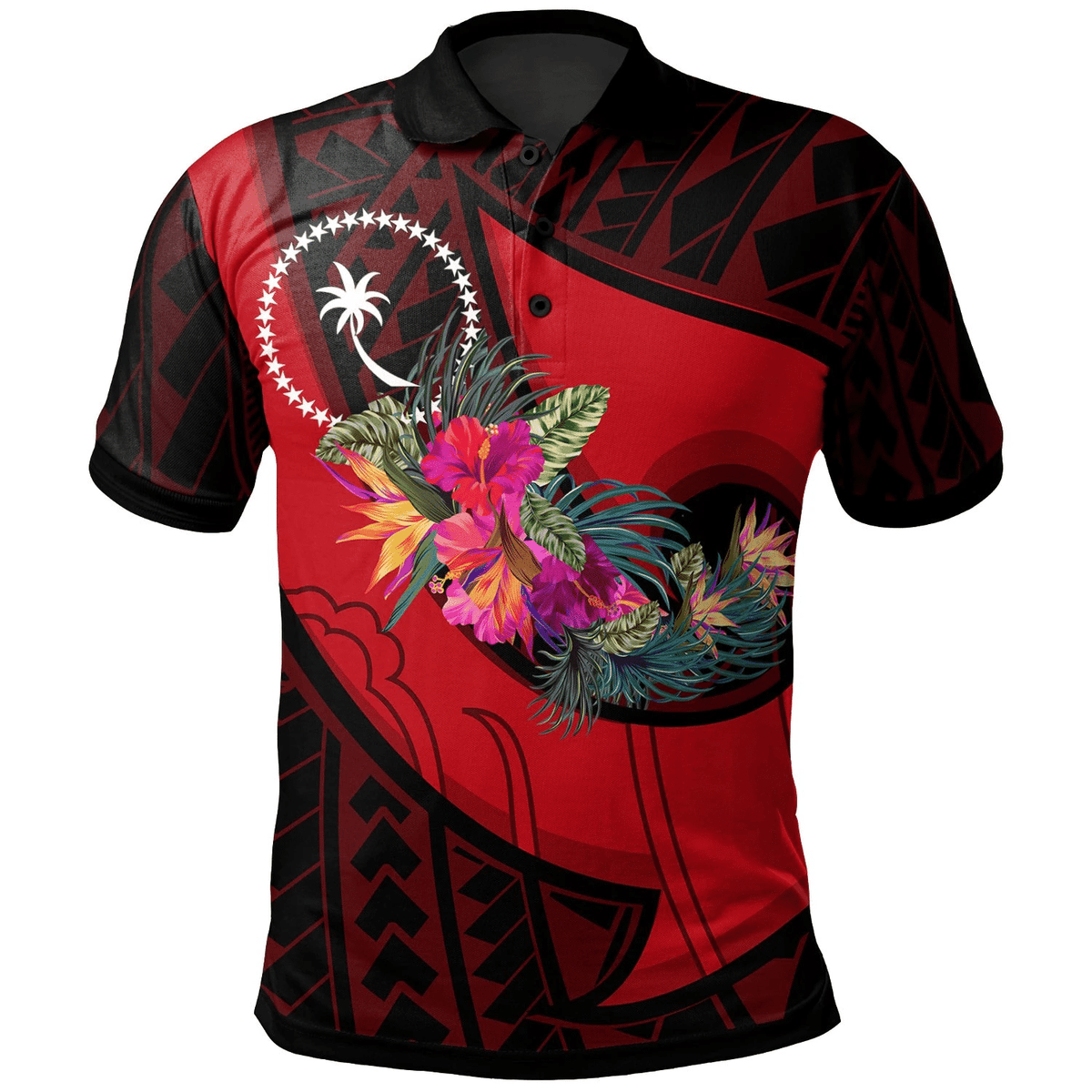 Polynesian Pride Apparel Chuuk Polo Shirt Polynesian Hook and Hibiscus (Red) Unisex Red - Polynesian Pride