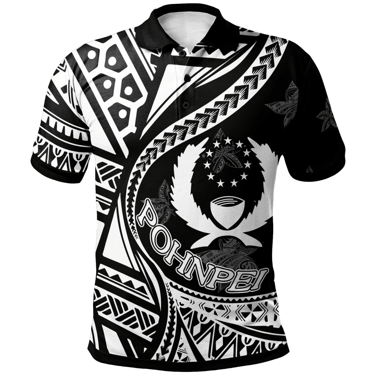 Polynesian Pride Apparel Pohnpei Polo Shirt Plumeria Flowers White Version Unisex Black - Polynesian Pride
