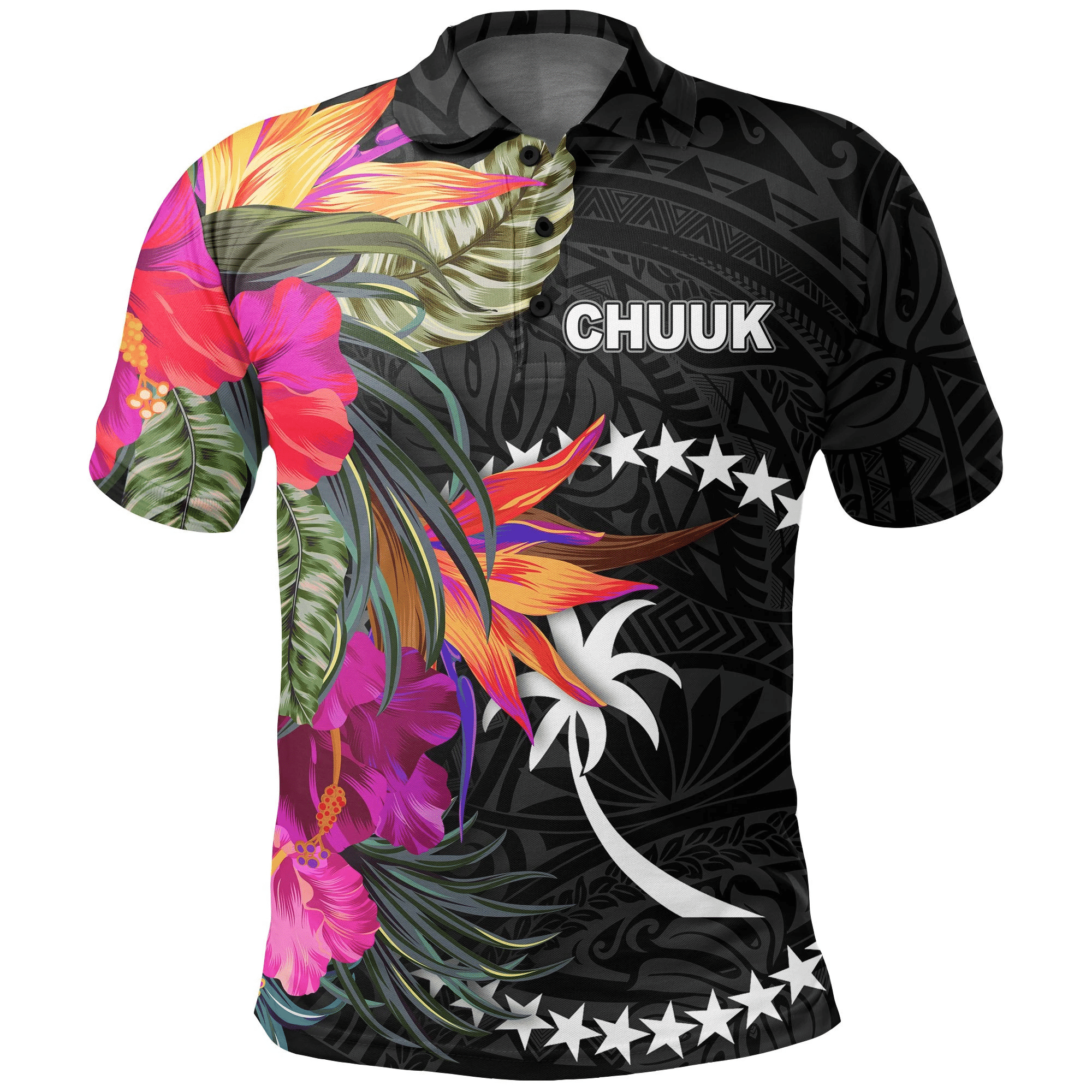 Polynesian Pride Apparel Chuuk Polo Shirt Hibiscus Polynesian Pattern Unisex Black - Polynesian Pride