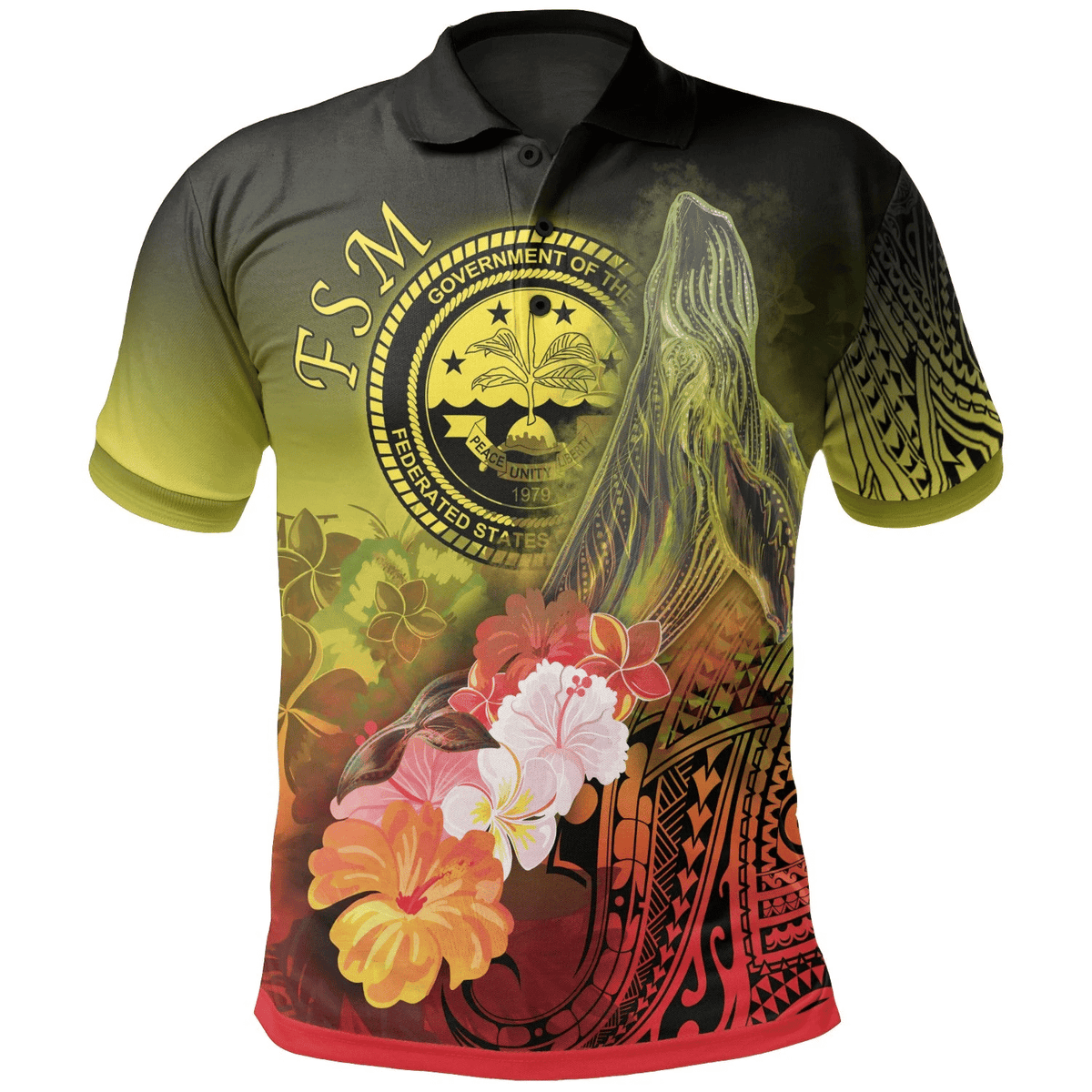 Polynesian Pride Apparel Fsm Polo Shirt Humpback Whale With Tropical Flowers (Yellow) Unisex Yellow - Polynesian Pride