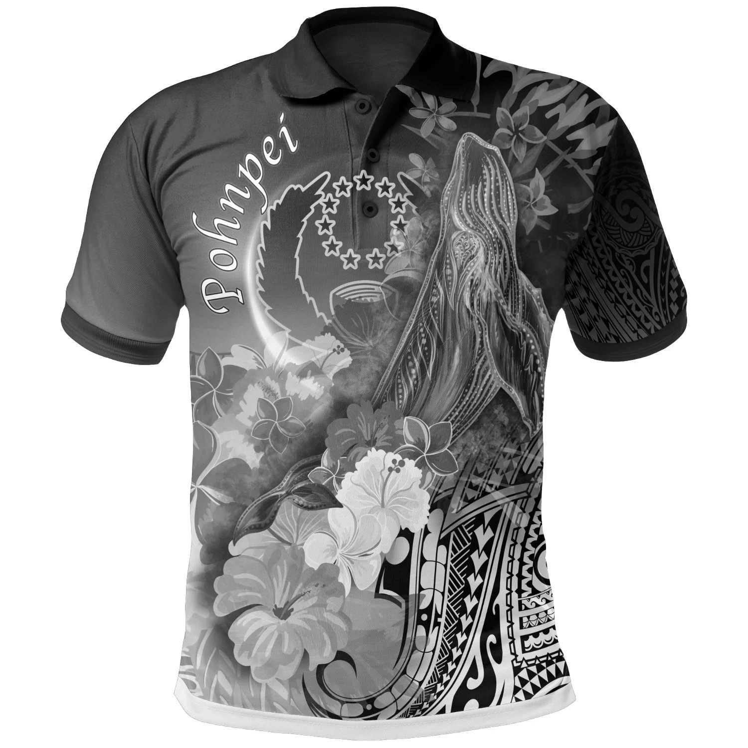 Polynesian Pride Apparel Pohnpei Polo Shirt Humpback Whale With Tropical Flowers (White) Unisex White - Polynesian Pride