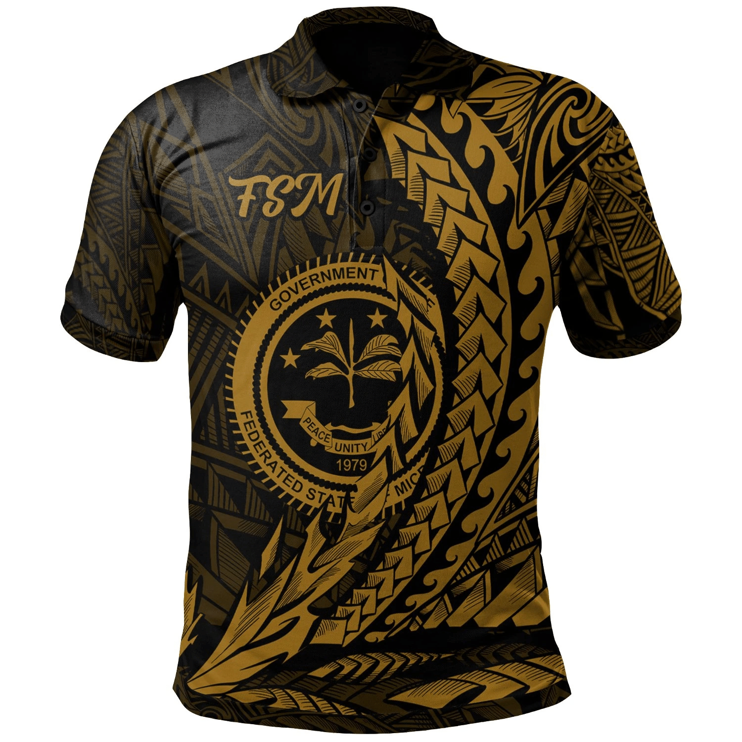 Polynesian Pride Apparel Federated States of Micronesia Polo Shirt Gold Wings Style Unisex Black - Polynesian Pride