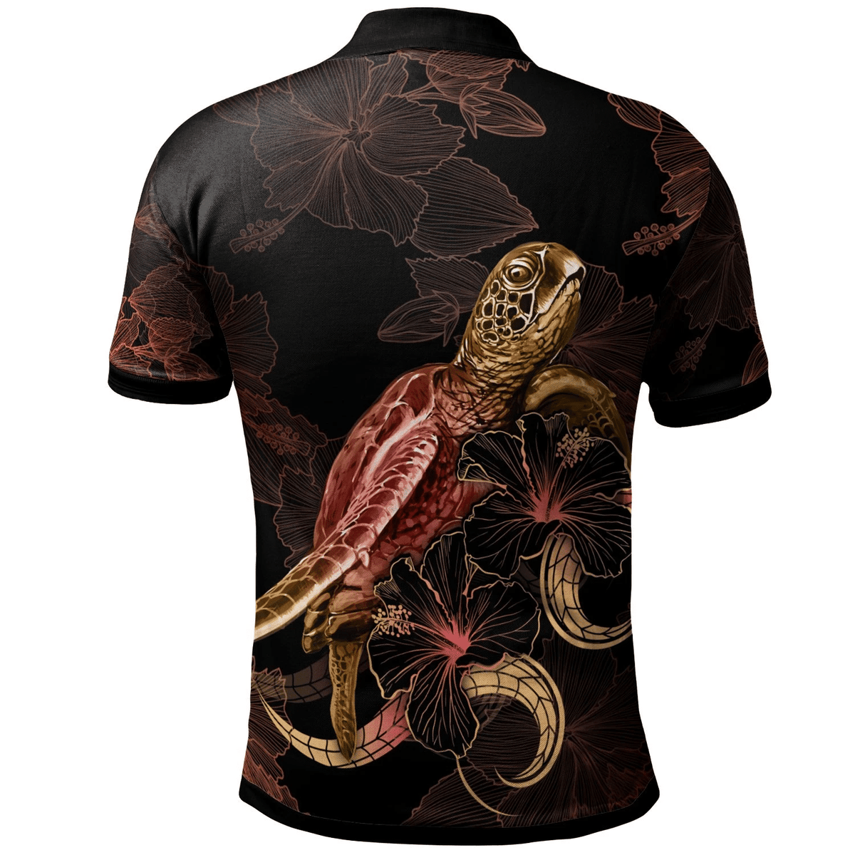 Polynesian Pride Apparel Chuuk Polynesian Polo Shirt Turtle With Blooming Hibiscus Gold - Polynesian Pride
