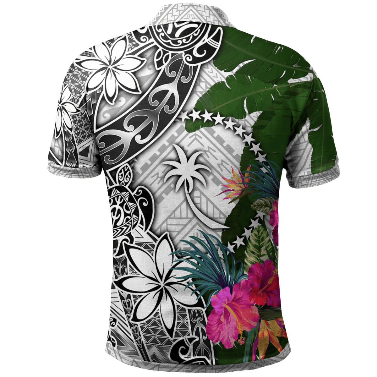 Polynesian Pride Apparel Chuuk Polo Shirt White Turtle Plumeria Banana Leaf - Polynesian Pride