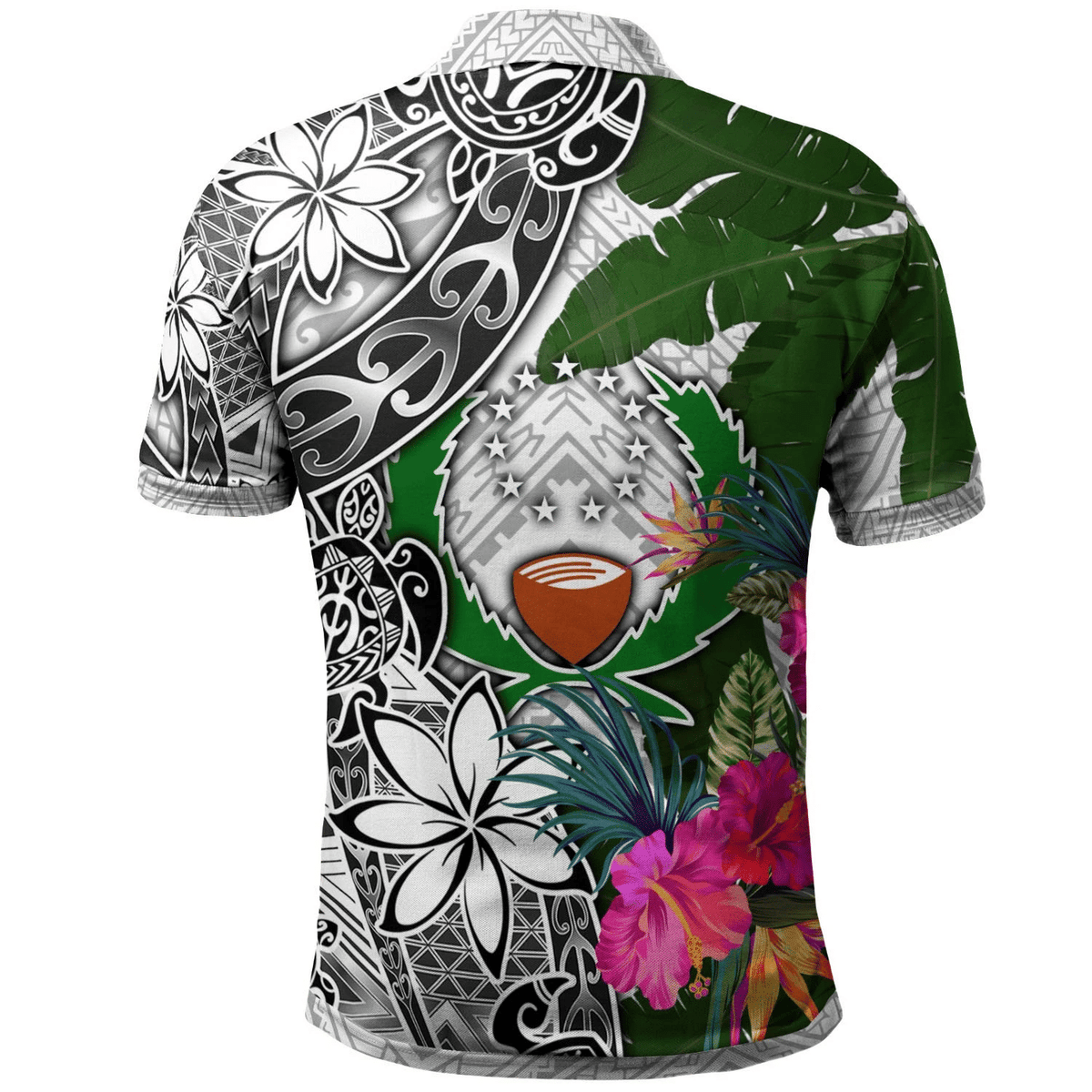 Polynesian Pride Apparel Pohnpei Polo Shirt White Turtle Plumeria Banana Leaf - Polynesian Pride