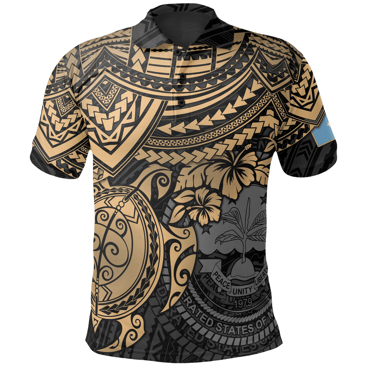 Polynesian Pride Apparel Federated States of Micronesia Polo Shirt Federated States of Micronesia Flag Seal Golden Turtle Hiciscus Unisex Black - Polynesian Pride