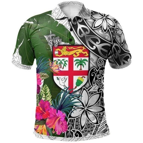 Polynesian Pride Apparel Fiji Polo Shirt White Turtle Plumeria Banana Leaf Unisex Black - Polynesian Pride