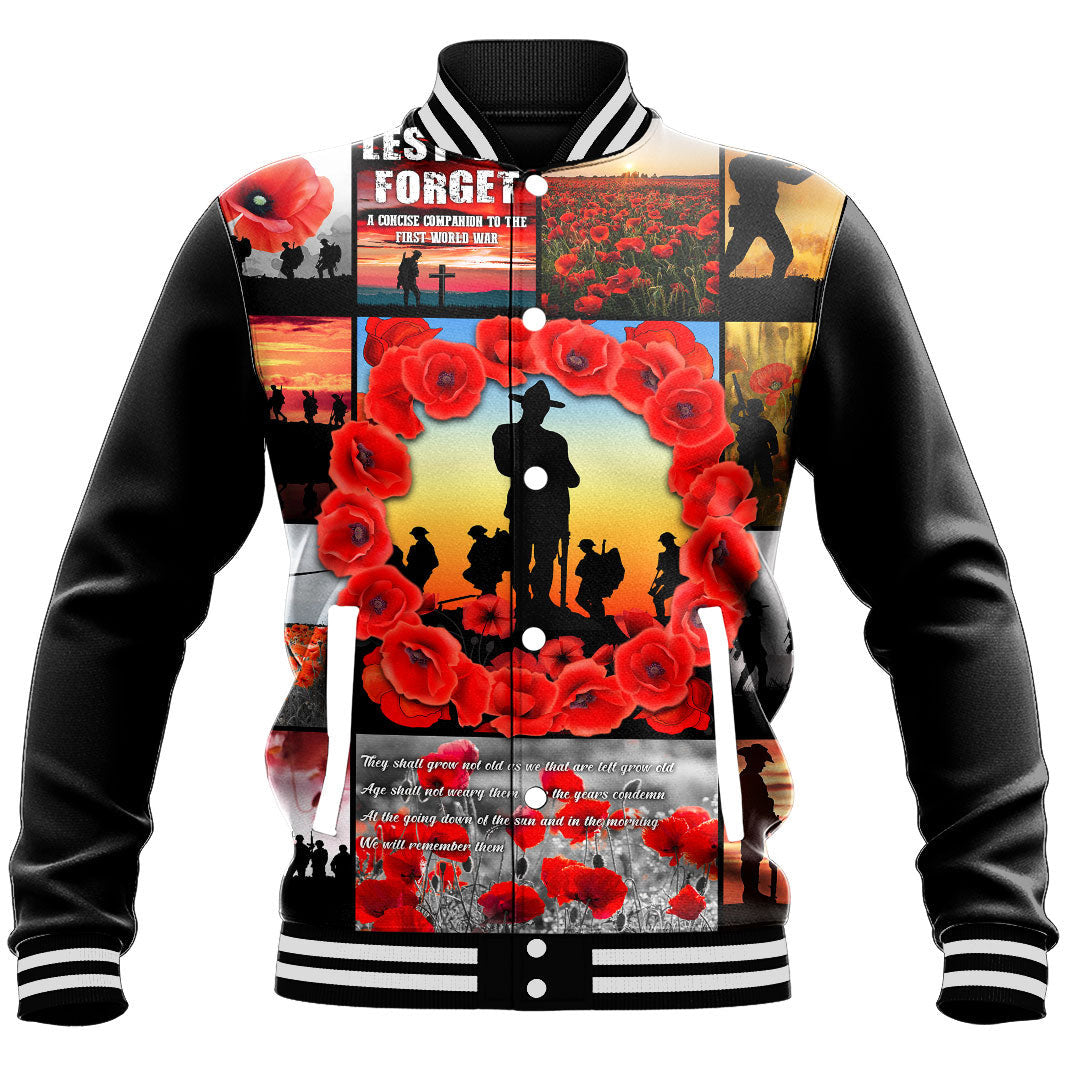 Polynesian Pride Clothing - Anzac Day Lest We Forget Banner Baseball Jacket - Polynesian Pride