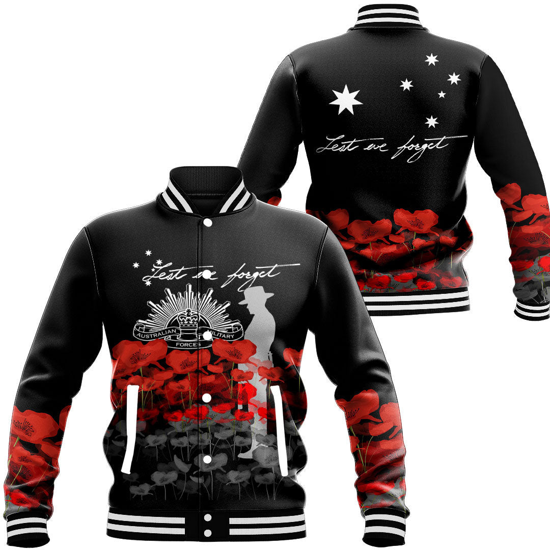 Polynesian Pride Clothing - Australian Military Forces Anzac Day Lest We Forget Baseball Jacket Unisex Black - Polynesian Pride