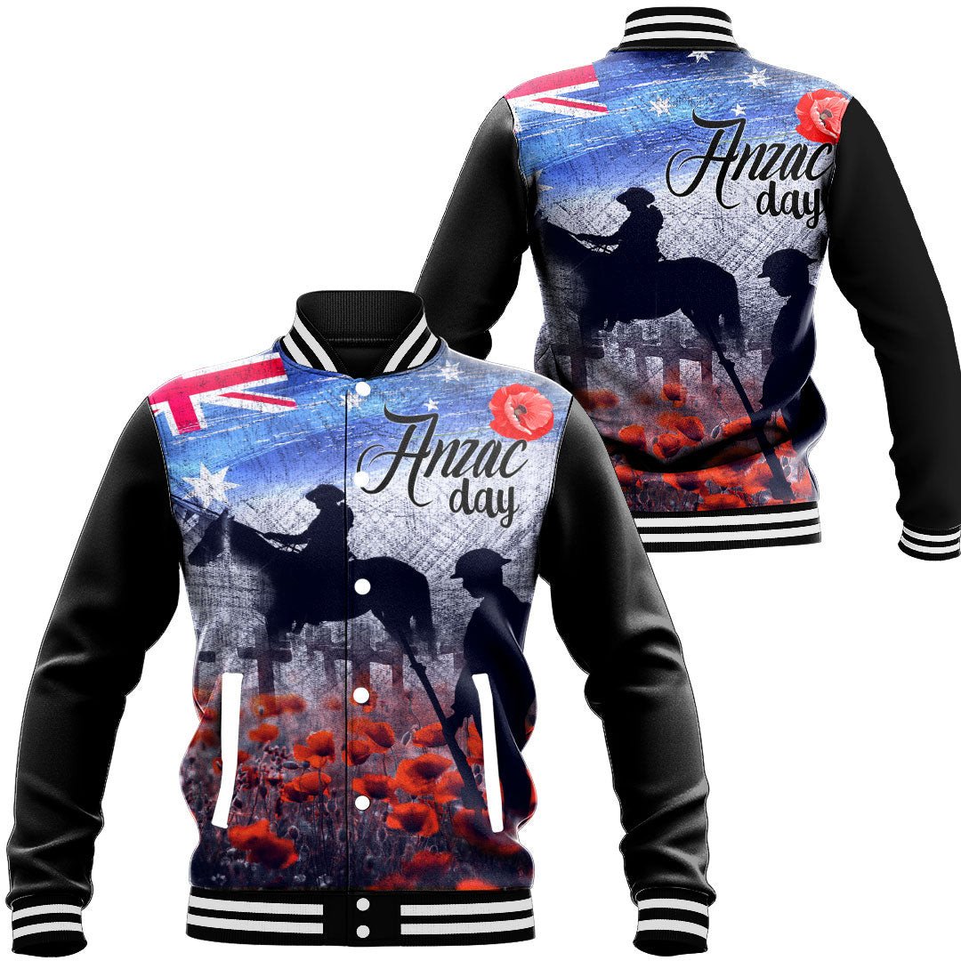 Polynesian Pride Clothing - Anzac Day Lest We Forget Vintage Poppies Baseball Jacket Unisex Black - Polynesian Pride