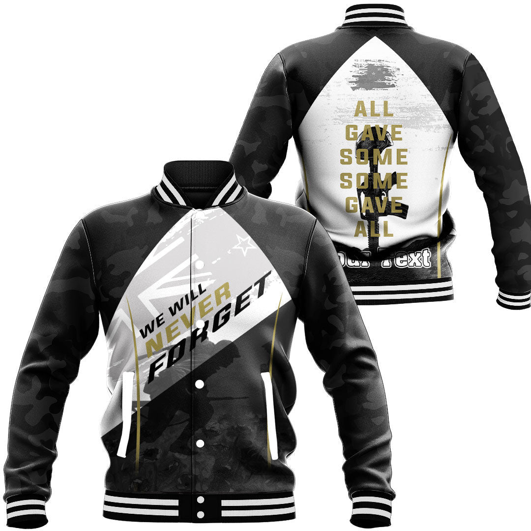 Polynesian Pride Clothing - (Custom) Anzac Day We Will Never Forget Baseball Jacket Unisex Black - Polynesian Pride