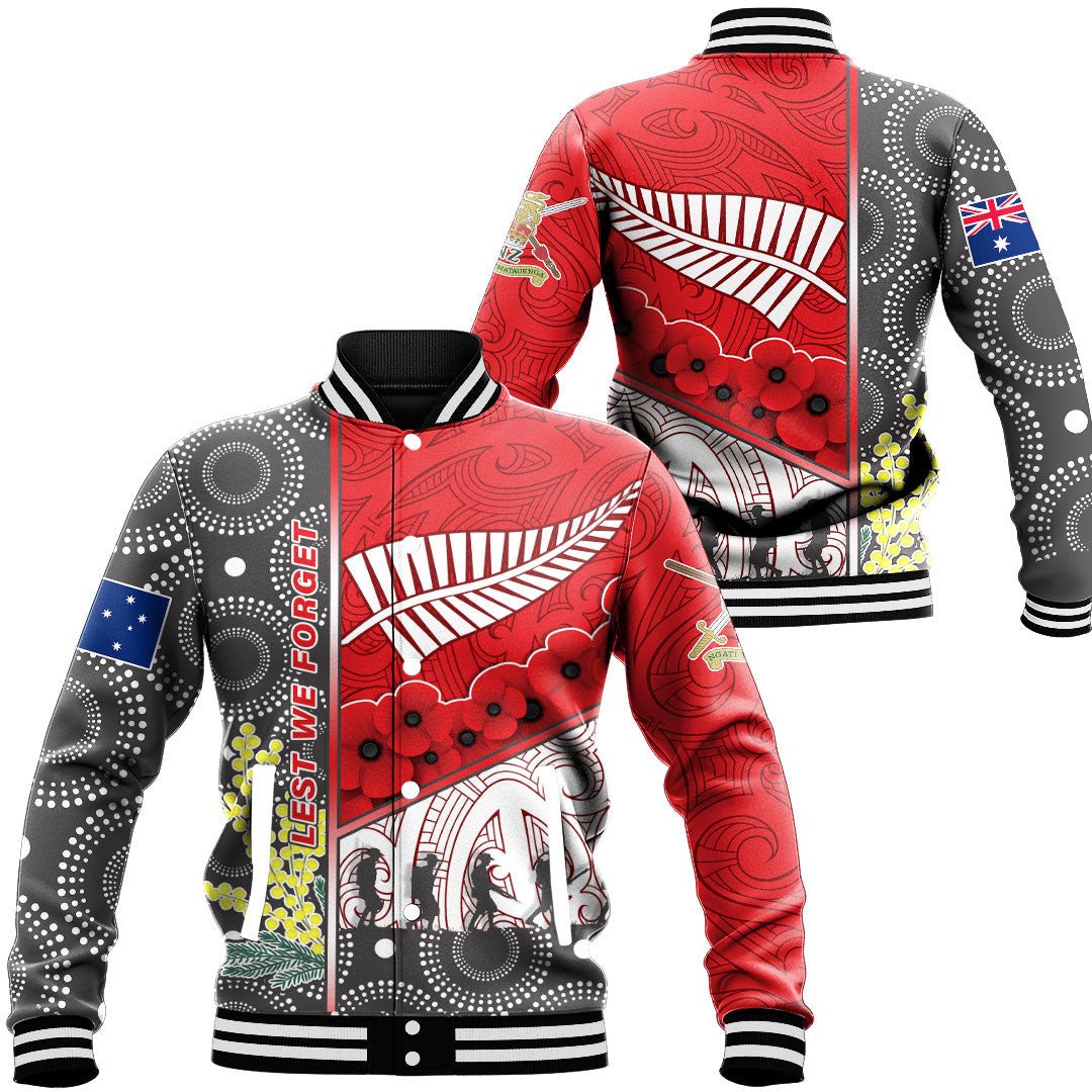 Polynesian Pride Clothing - Australia Indigenous & New Zealand Maori Anzac (Red) Baseball Jacket Unisex Black - Polynesian Pride