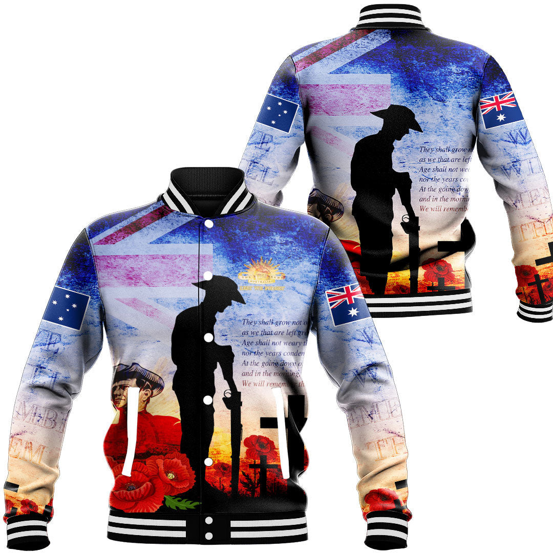 Polynesian Pride Clothing - Anzac Day Australia Soldier We Will Rememer Them Baseball Jacket Unisex Black - Polynesian Pride