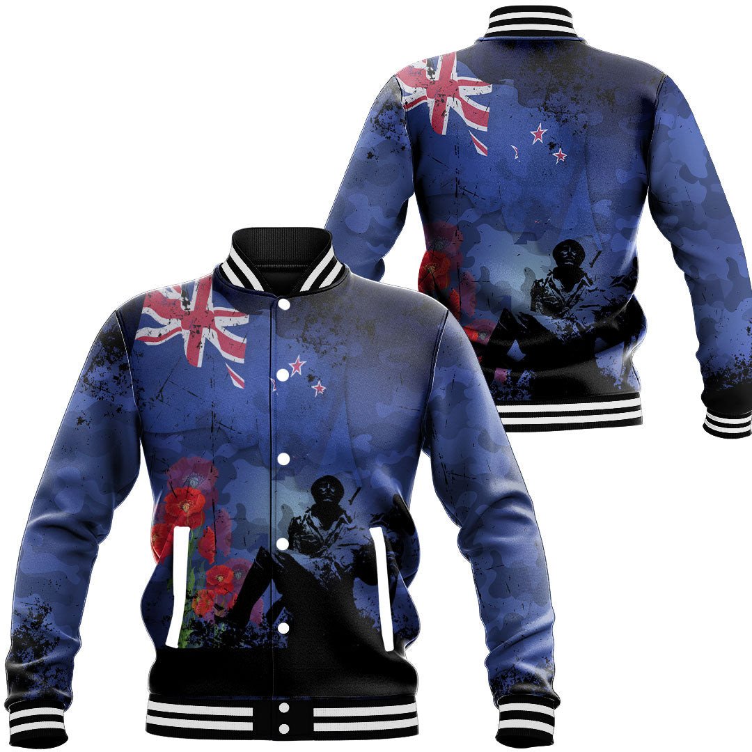 Polynesian Pride Clothing - New Zealand Anzac Day Soldier & Poppy Camouflage Baseball Jacket Unisex Black - Polynesian Pride